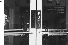 FIGURE 1.2. Problem Doors: Signifiers Are Needed. Door hardware can signal whether to push or pull without signs, but the hardware of the two doors in the upper photo, A, are identical even though one should be pushed, the other pulled. The flat, ribbed horizontal bar has the obvious perceived affordance of pushing, but as the signs indicate, the door on the left is to be pulled, the one on the right is to be pushed. In the bottom pair of photos, B and C, there are no visible signifiers or affordances. How does one know which side to push? Trial and error. When external signifiers—signs— have to be added to something as simple as a door, it indicates bad design. (Photographs by the author.)