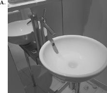FIGURE 1.4. The Sink That Would Not Drain: Where Signifiers Fail. I washed my hands in my hotel sink in London, but then, as shown in Photo A, was left with the question of how to empty the sink of the dirty water. I searched all over for a control: none. I tried prying open the sink stopper with a spoon (Photo B): failure. I finally left my hotel room and went to the front desk to ask for instructions. (Yes, I actually did.) “Push down on the stopper,” I was told. Yes, it worked (Photos C and D). But how was anyone to ever discover this? And why should I have to put my clean hands back into the dirty water to empty the sink? The problem here is not just the lack of signifier, it is the faulty decision to produce a stopper that requires people to dirty their clean hands to use it. (Photographs by the author.)