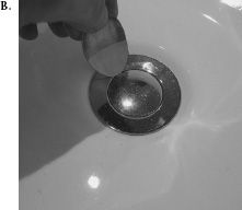 FIGURE 1.4. The Sink That Would Not Drain: Where Signifiers Fail. I washed my hands in my hotel sink in London, but then, as shown in Photo A, was left with the question of how to empty the sink of the dirty water. I searched all over for a control: none. I tried prying open the sink stopper with a spoon (Photo B): failure. I finally left my hotel room and went to the front desk to ask for instructions. (Yes, I actually did.) “Push down on the stopper,” I was told. Yes, it worked (Photos C and D). But how was anyone to ever discover this? And why should I have to put my clean hands back into the dirty water to empty the sink? The problem here is not just the lack of signifier, it is the faulty decision to produce a stopper that requires people to dirty their clean hands to use it. (Photographs by the author.)