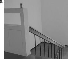 FIGURE 1.5. Accidental Affordances A. Can Become Strong Signifiers. This wall, at the Industrial Design department of KAIST, in Korea, provides an anti-affordance, preventing people from falling down the stair shaft. Its top is flat, an accidental by-product of the design. But flat surfaces afford support, and as soon as one person discovers it can be used to dispose of empty drink containers, the discarded container becomes a signifier, telling others that it is permissible to discard their items there. (Photographs by the author.)