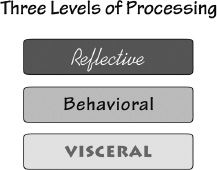 FIGURE 2.3. Three Levels of Processing: Visceral, Behavioral, and Reflective. Visceral and behavioral levels are subconscious and the home of basic emotions. The reflective level is where conscious thought and decision-making reside, as well as the highest level of emotions.