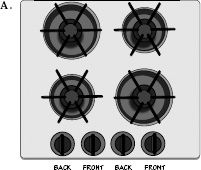 FIGURE 3.2. Mappings of Stove Controls with Burners. With the traditional arrangement of stove burners shown in Figures A and B, the burners are arranged in a rectangle and the controls in a linear line. Usually there is a partial natural mapping, with the left two controls operating the left burners and the right two controls operating the right burners. Even so, there are four possible mappings of controls to burners, all four of which are used on commercial stoves. The only way to know which control works which burner is to read the labels. But if the controls were also in a rectangle (Figure C) or the burners staggered (Figure D), no labels would be needed. Learning would be easy; errors would be reduced.