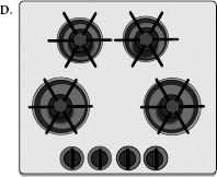 FIGURE 3.2. Mappings of Stove Controls with Burners. With the traditional arrangement of stove burners shown in Figures A and B, the burners are arranged in a rectangle and the controls in a linear line. Usually there is a partial natural mapping, with the left two controls operating the left burners and the right two controls operating the right burners. Even so, there are four possible mappings of controls to burners, all four of which are used on commercial stoves. The only way to know which control works which burner is to read the labels. But if the controls were also in a rectangle (Figure C) or the burners staggered (Figure D), no labels would be needed. Learning would be easy; errors would be reduced.