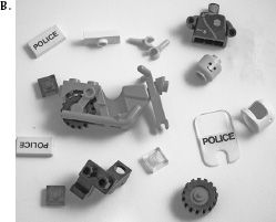 FIGURE 4.1. Lego Motorcycle. The toy Lego motorcycle is shown assembled (A) and in pieces (B). It has fifteen pieces so cleverly constructed that even an adult can put them together. The design exploits constraints to specify just which pieces fit where. Physical constraints limit alternative placements. Cultural and semantic constraints provide the necessary clues for further decisions. For example, cultural constraints dictate the placement of the three lights (red, blue, and yellow) and semantic constraints stop the user from putting the head backward on the body or the pieces labeled “police” upside down.