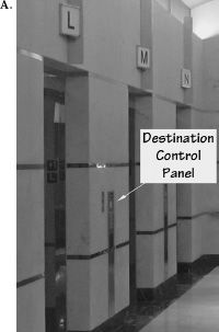FIGURE 4.8. Destination-Control Elevators. In a destination-control system, the desired destination floor is entered into the control panel outside the elevators (A and B). After entering the destination floor into B, the display directs the traveler to the appropriate elevator, as shown in C, where “32” has been entered as the desired floor destination, and the person is directed to elevator “L” (the first elevator on the left, in A). There is no way to specify the floor from inside the elevator: Inside, the controls are only to open and shut the doors and an alarm (D). This is a much more efficient design, but confusing to people used to the more conventional system. (Photographs by the author.)