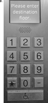 FIGURE 4.8. Destination-Control Elevators. In a destination-control system, the desired destination floor is entered into the control panel outside the elevators (A and B). After entering the destination floor into B, the display directs the traveler to the appropriate elevator, as shown in C, where “32” has been entered as the desired floor destination, and the person is directed to elevator “L” (the first elevator on the left, in A). There is no way to specify the floor from inside the elevator: Inside, the controls are only to open and shut the doors and an alarm (D). This is a much more efficient design, but confusing to people used to the more conventional system. (Photographs by the author.)